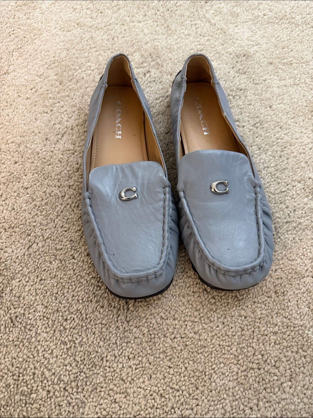 Coach Leather Slip-On Loafers in Pale Gray with Silver 'C' Accent